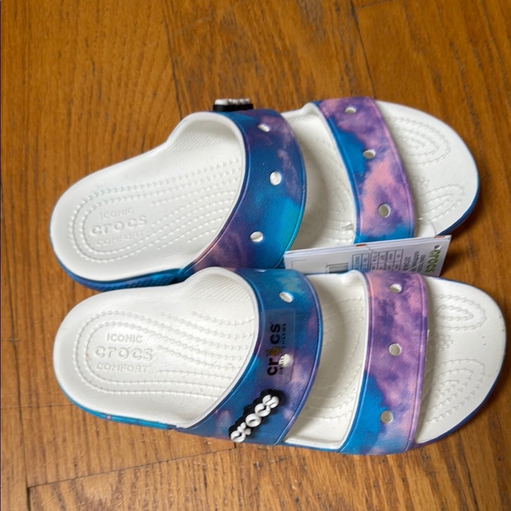 CROCS Blue and Purple Sandals with Tie-Dye Design